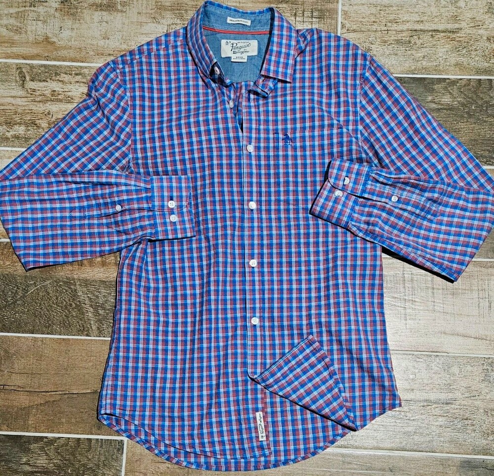 Original Penguin Men's L Heritage Slim Fit Plaid Cotton Shirt - Blue